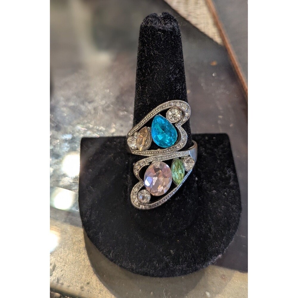 Vintage Silver Tone Multi Color Rhinestone Bypass Ring Size 10 Statement Cluster